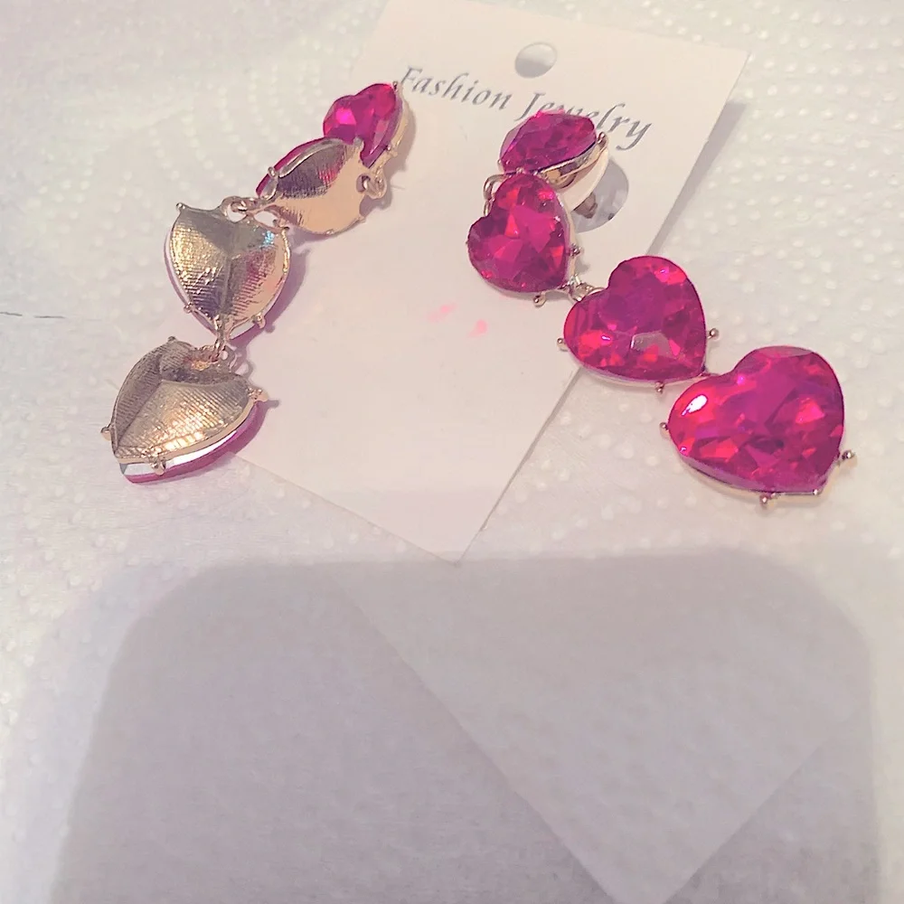Pink Crystal Heart Dangle Drop Earrings with Stud Backs NEW NWT Gorgeous items!_3